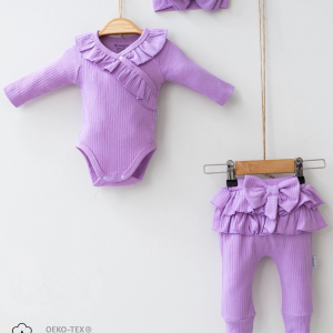 3-9 Ay Kız Bebek Takımı Fırfır Detay Fiyonk Boneli Lila