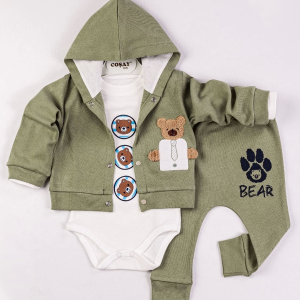 Yeni Doğan 3-6 Ay Erkek Bebek Takımı Bear Nakışlı Kapişonlu Haki