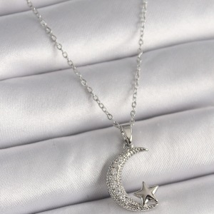 316L Çelik Gümüş Renk Zincir Zirkon Taşlı Hilal Model Yıldız Detay Kadın Kolye