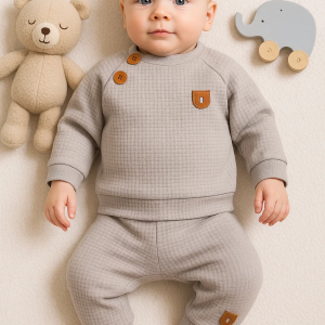 3-18 Ay Erkek Bebek Takımı Jakarlı Omuz Düğmeli 2'li Gri
