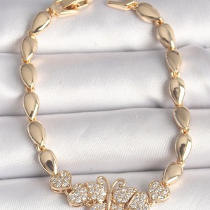 Pirinç Gold Renk Zirkon Taşlı Kelebek Figür Damla Zincir Model Kadın Bileklik