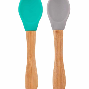 OiOi Bambu Saplı Silikon Mama Kaşığı 2li Aqua Green / Powder Grey
