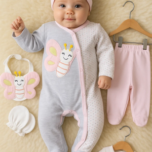 3 Ay Kelebek Nakışlı Tulumlu Kız Bebek 5'li Set Gri