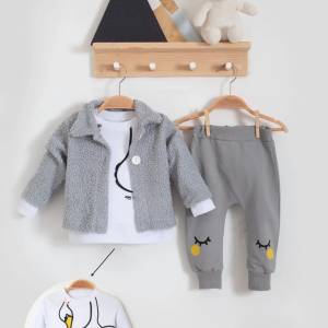 3-18 Ay Kız Bebek Takımı Peluş Hırkalı 3 Lü Gri