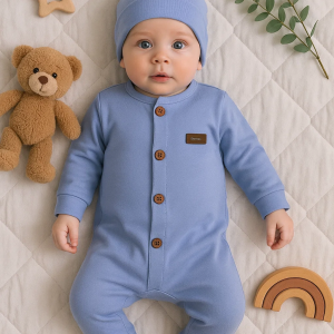 3-12 Ay Düğmeli Önden Açık İnterlok Tulum Füme