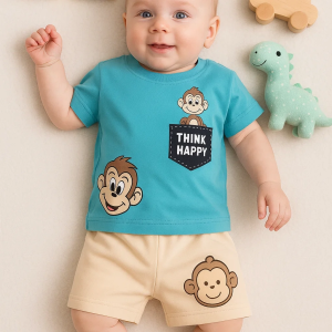 3-18 Ay Erkek Bebek Alt&Üst Takımı Maymun 2li Mavi