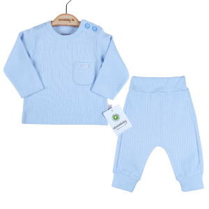 3-12 Ay Erkek Bebek Takımı Cep Nakışlı Omuzdan Düğmeli Mavi