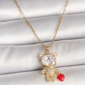 316L Çelik Gold Renk Zincir Zirkon Taşlı Ayıcık Model Kırmızı Kalp Detay Kadın Kolye