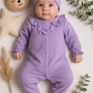 3-9 Ay Kız Bebek Tulum Robası Astarlı Fiyonk Şapkalı Lila