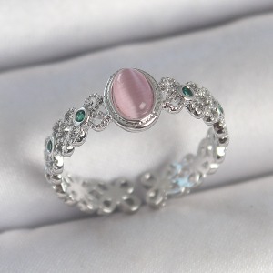 Pirinç Gümüş Renk Zirkon Taş Detaylı Pembe Mineli Damla Model Ayarlanabilir Kadın Yüzük