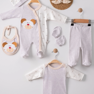 3 Ay Ayıcık Detay Tulumlu Erkek Bebek 5'li Set Kahverengi