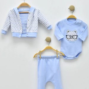 3-9 Ay Erkek Bebek Takımı Gözlüklü Bear Puan 3'lü Mavi