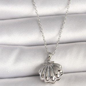 316L Çelik Gümüş Renk Zincir Açılır İncili Midye Model Kadın Kolye