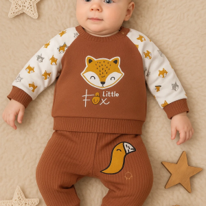 3-12 Ay Erkek Bebek Takımı Littie Fox Nakışlı 2'li Kahverengi