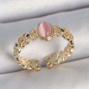 Pirinç Gold Renk Zirkon Taş Detaylı Pembe Mineli Damla Model Ayarlanabilir Kadın Yüzük