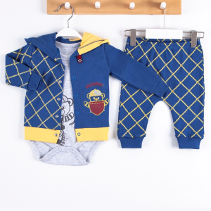 3-12 Ay Hırkalı Erkek Bebek Takımı Cep Kapişon 3'lü Lacivert