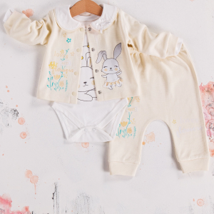 3-9 Ay Kız Bebek Takımı Tavşan Çiçekli 3'lü Hırkalı Krem