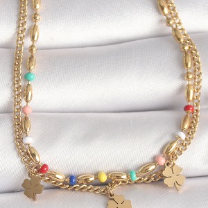 316L Çelik Gold Renk 2'Li Zincir Model Sallantı Yonca Figür Kadın Bileklik