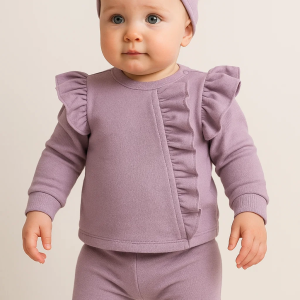 Orkide Büzgü Detaylı 3 Parça Kız Bebek Takımı %100 Pamuk