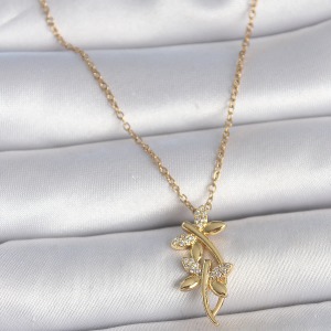 316L Çelik Gold Renk Zincir Zirkon Taşlı Yusufçuk Model Kadın Kolye