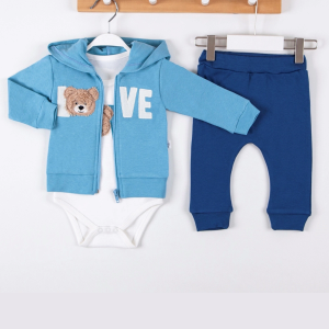 3-12 Ay Erkek Bebek Takımı Love Bear Nakış Hırkalı 3'lü Mavi