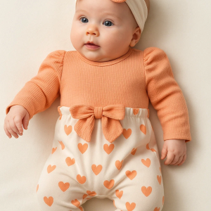 3-9 Ay Kız Bebek Kalp Waffle Bandanalı 2'li Tulum Turuncu