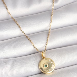 316L Çelik Gold Renk Zincir Zirkon Taş İşlemeli Hilal Yıldız İşlemeli Madalyon Model Kadın Kolye