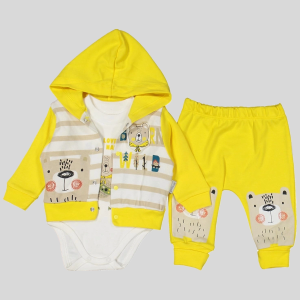 3-9 Ay Erkek Bebek Alt&Üst Takımı Kamp Kapüşonlu Sarı