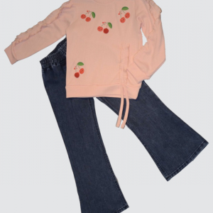 4-5-6 Yaş Kot Pantolonlu Kiraz Desenli Penye Sweat Uzun Kollu 2li Kız Çocuk Takımı