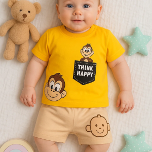 3-18 Ay Erkek Bebek Alt&Üst Takımı Maymun 2li Sarı