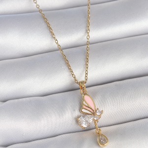 316L Çelik Gold Renk Zincir Damla Zirkon Taşlı Kelebek Model Sallantı Detay Kadın Kolye