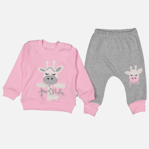 3-9 Ay Kız Bebek Alt&Üst Takımı Zürafa Nakışlı Pembe