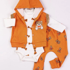 3-9 Ay Erkek Bebek Takımı Bear Nakışlı Yelekli 3'lü Turuncu