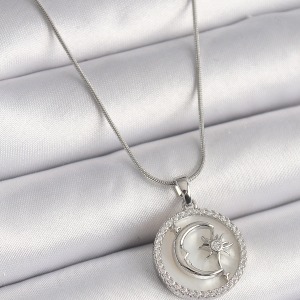 316L Çelik Gümüş Renk Zincir Zirkon Taş Detaylı Beyaz Sedefli Ay Yıldız İşleme Kadın Kolye