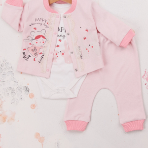 3-9 Ay Kız Bebek Takımı Happy Dancing 3'lü Hırkalı Pembe