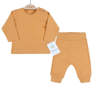 3-12 Ay Erkek Bebek Takımı Zürafa Cep Omuzdan Düğmeli Hardal