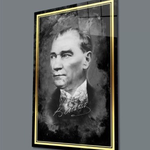 Şerit Atatürk Portresi Siyah Beyaz Cam Tablo, Uv Baskılı Ve Temperli, Hediyelik
