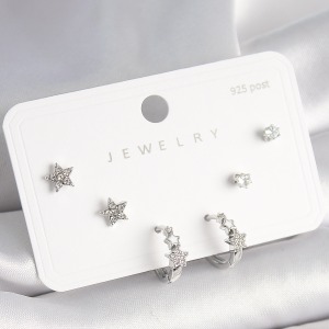 925 Ayar Gümüş Çivi Pirinç Gümüş Renk Zirkon Taşlı Yıldız Model Kadın Küpe Seti