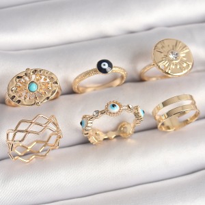 Pirinç Gold Renk Mavi Taşlı Zirkon Taş Detaylı Dalga Model Kadın Yüzük Kombini