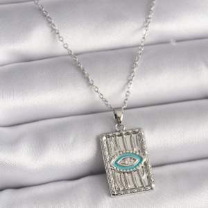 316L Çelik Gümüş Renk Zincir Göz İşlemeli Madalyon Model Kadın Kolye