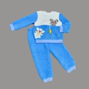 1-2-3 Yaş Sallanan Balık Nakışlı Kuzu Kumaş Sweat Pantolon Uzun Kollu Kız Erkek 2 Li Takımı