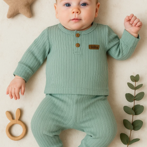 3-18 Ay Çizgili Kumaş 2'li Unisex Takımı Yeşil