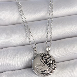 316L Çelik Gümüş Renk Zincir Zirkon Taşlı Ying Yang Model Gün Batımı İşlemeli Arakdaşlık Kadın Kolye