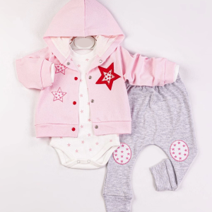 Yeni Doğan 3-6 Ay Kız Bebek Takımı Yıldızlı Kapişon Açık Pembe