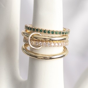 Pirinç God Renk Yeşil Zirkon Taşlı 4'Lü Kadın Yüzük