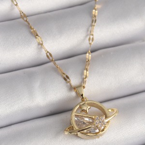 316L Çelik Gold Renk Zincir Zirkon Taşlı Yıldız Detay Satürn Gezegen Model Kadın Kolye