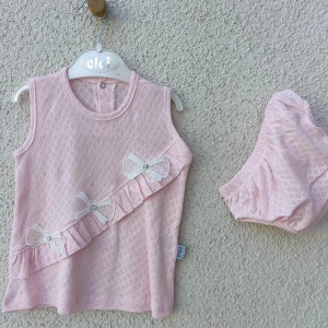 3-9 Ay Bebek Brode Fiyonklu Külotlu Yazlık Takımı PEMBE