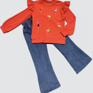 4-5-6 Yaş Kot Pantolonlu Flamingo Desenli Penye Sweat Uzun Kollu 2li Kız Çocuk Takımı
