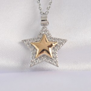 316L Çelik Zincir Gümüş Renk Zirkon Taşlı Tasarım Altın Renk Yıldız Kolye